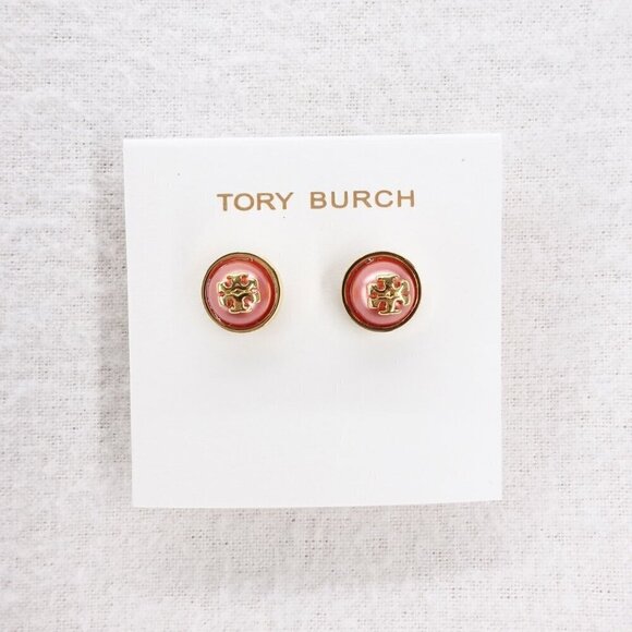 Tory Burch Melodie Pearl Logo Stud Dome Earrings Peach Pink/Tory Gold OS - Picture 1 of 12